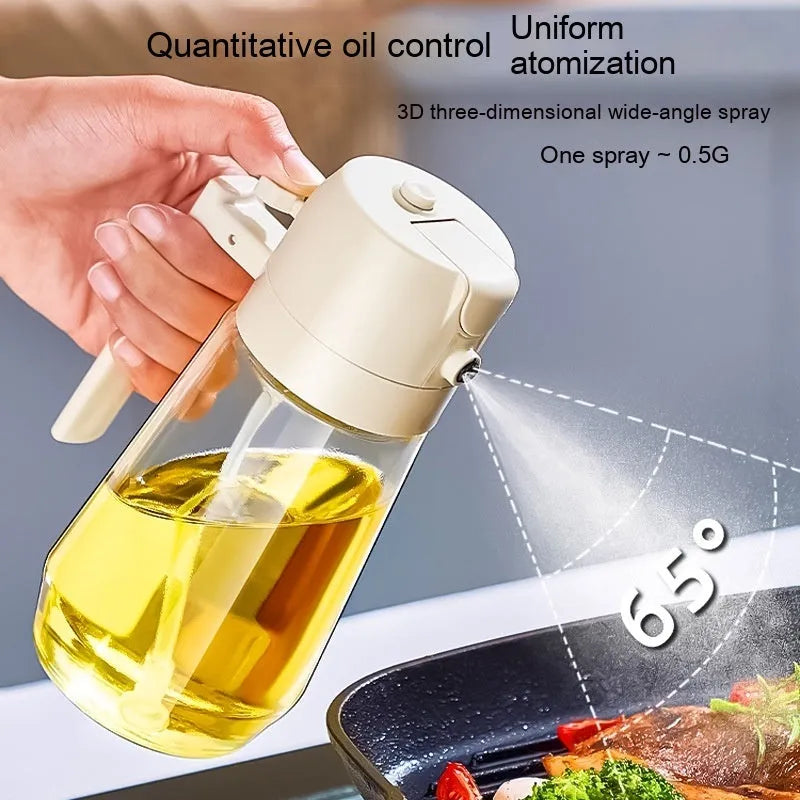 470ml glass oil sprayer dispenser in beige, yellow, green or black with spray and pour functions