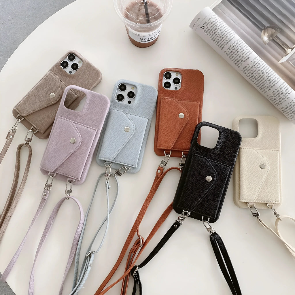Crossbody phone case with card holder and lanyard for iPhone, lychee pattern PC leather, multiple colours