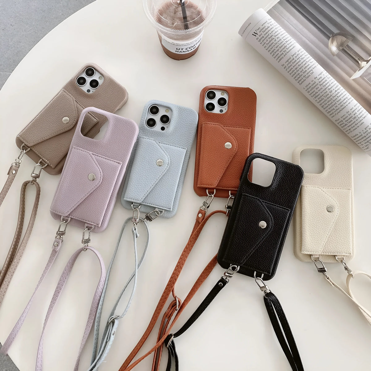 Crossbody phone case with card holder and lanyard for iPhone, lychee pattern PC leather, multiple colours