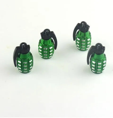 Two car tyre valve caps in red, blue, and gold colours on a white background