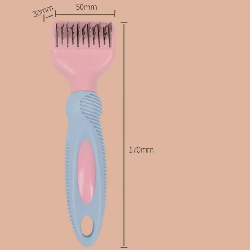 Stainless steel pet grooming comb with knot knife and massage brush in pink colour