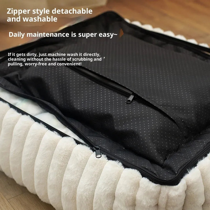 Large removable square dog bed in gray with strip pattern, 76x61x18 cm size