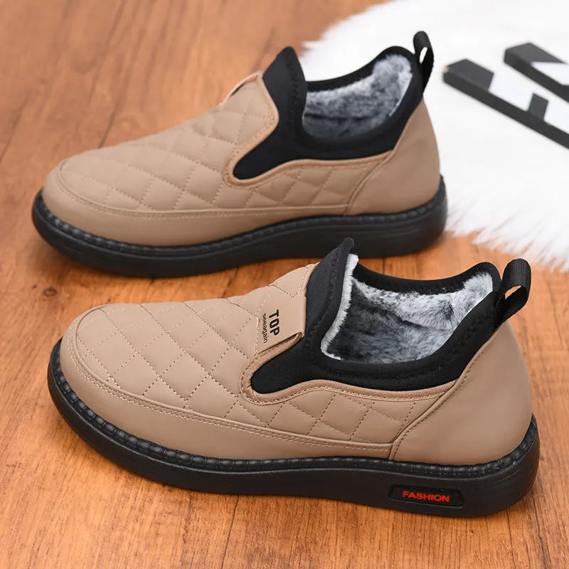 Warm waterproof casual women's shoes in black with flat heel and round toe, artificial PU upper