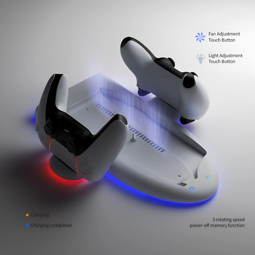 White PS5 Slim charging base with cooler fan, RGB lighting, and fixed charger belt