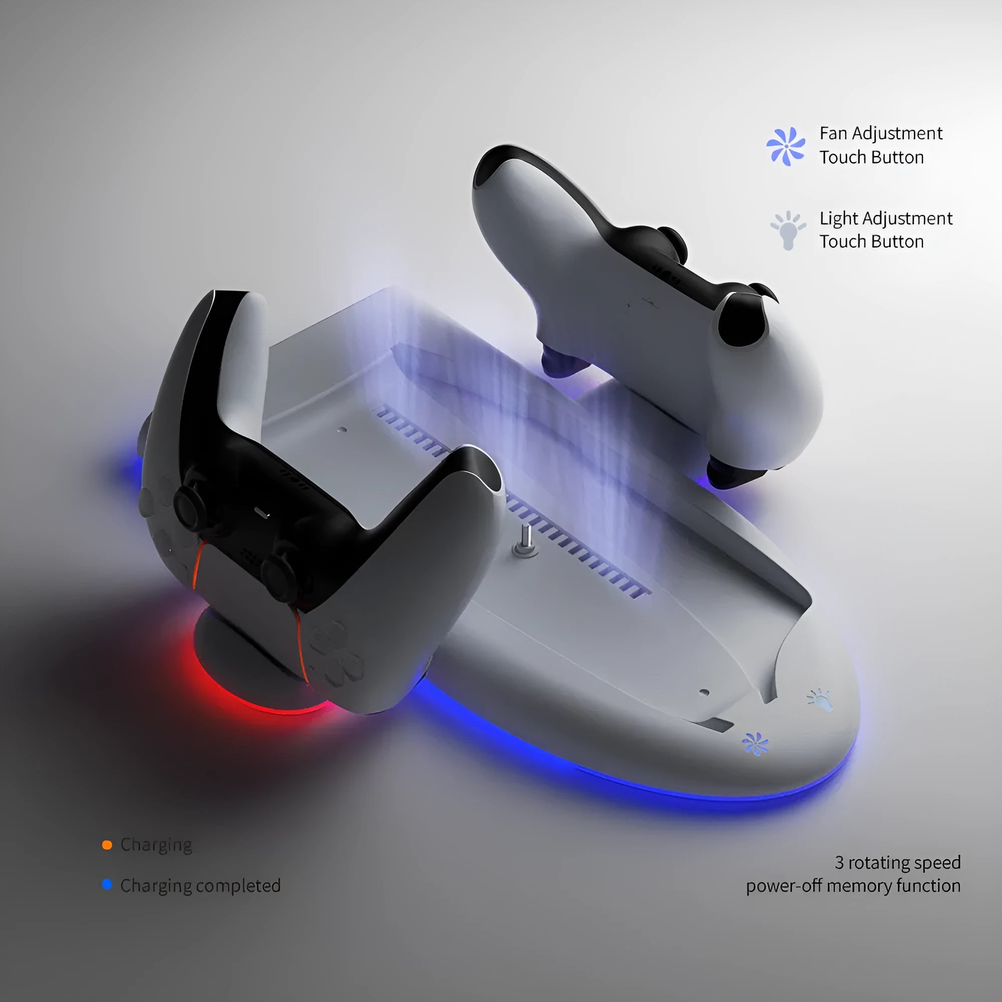 White PS5 Slim charging base with cooler fan, RGB lighting, and fixed charger belt