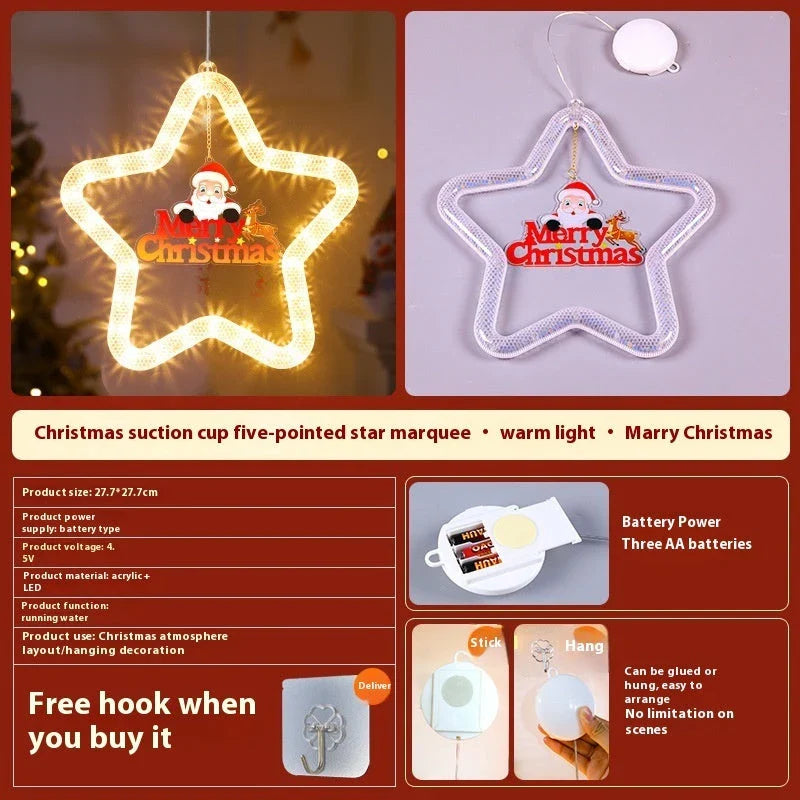 Illuminating 5-point LED star decoration with various festive designs, perfect for holiday decor on windows, doors, and more