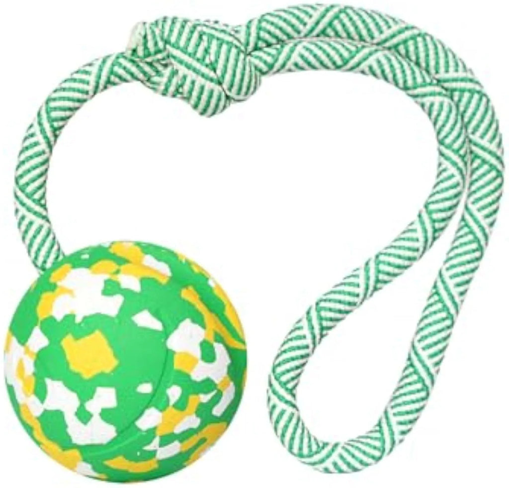 Dog ball on rope toy with natural rubber ball and nylon rope for interactive play