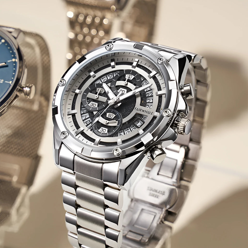 Men's waterproof quartz watch with luminous hands and stainless steel band in three colour options
