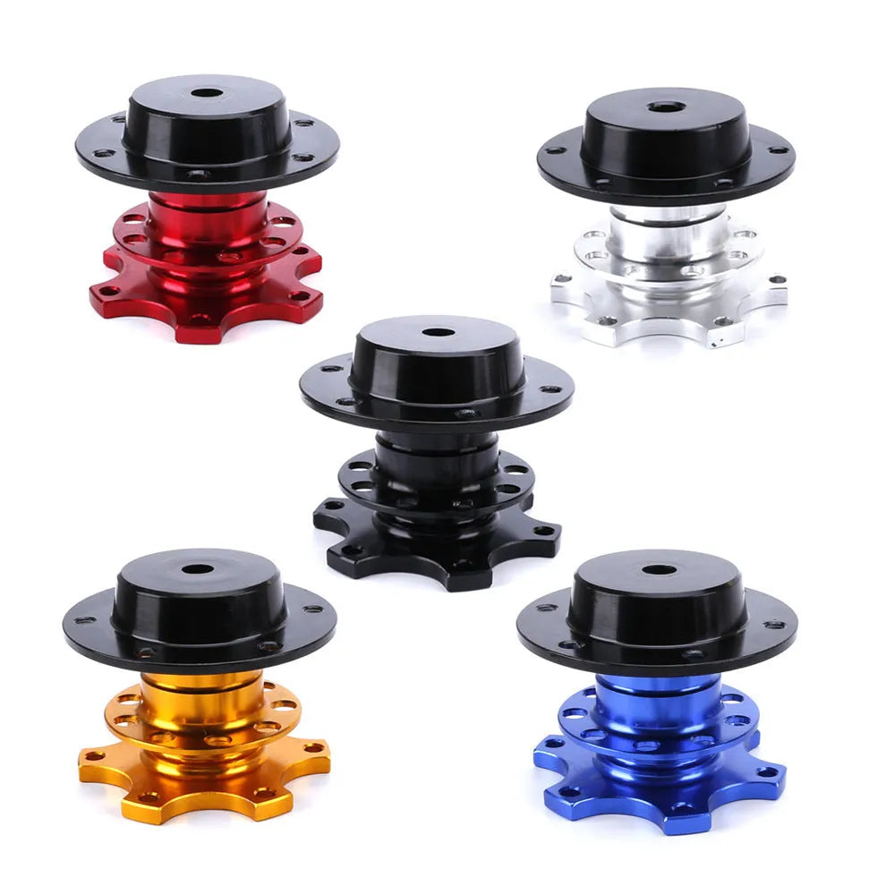 Car quick release steering wheel adapter in five colour options: black, red, blue, silver, gold