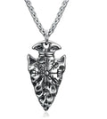 Handcrafted stainless steel Nordic spear head pendant with Helm of Terror motif, shown with optional 50cm or 70cm chain.