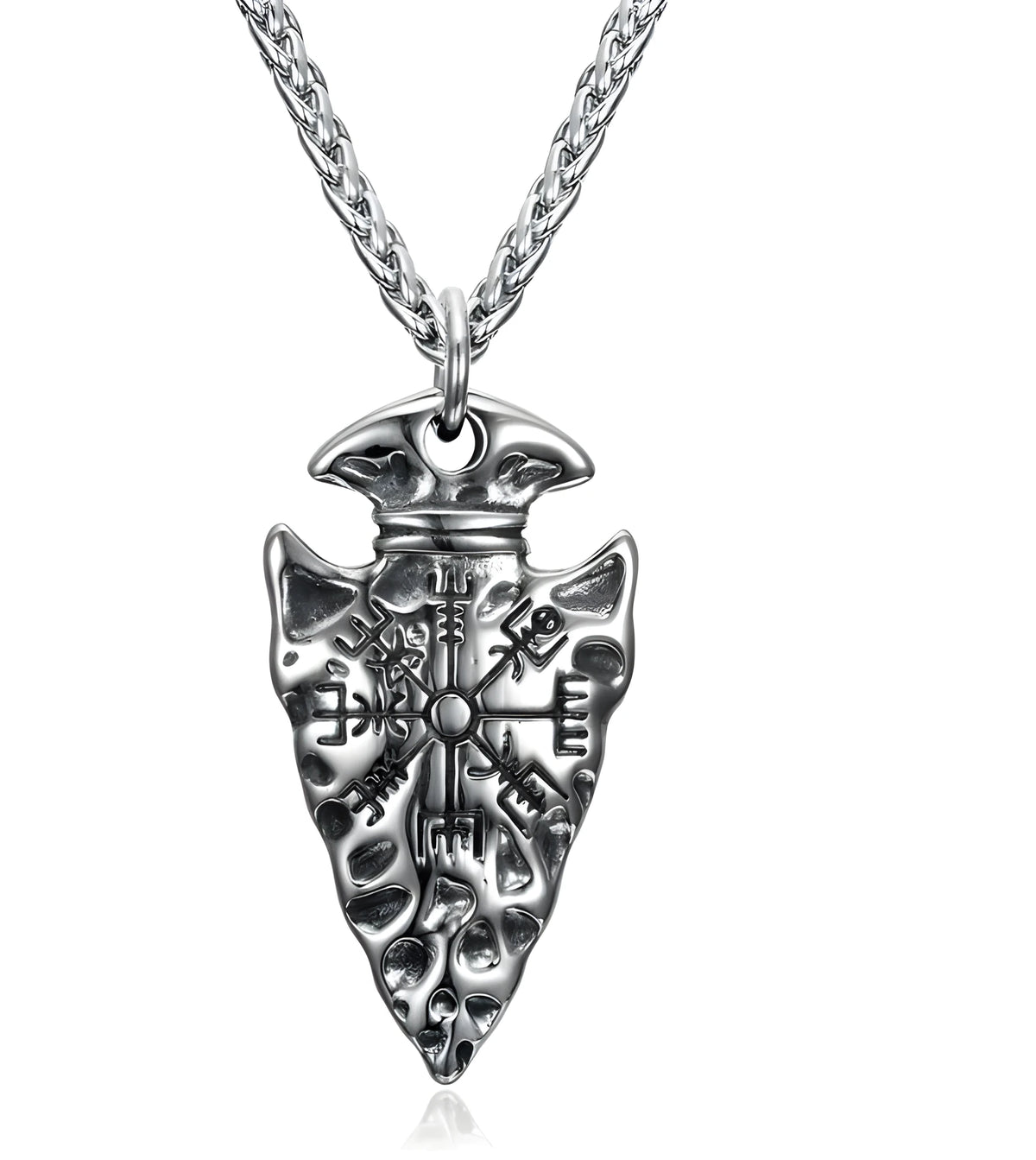 Handcrafted stainless steel Nordic spear head pendant with Helm of Terror motif, shown with optional 50cm or 70cm chain.