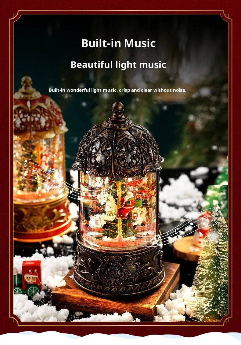 Christmas carousel music box with old man and tree motif, plastic, bronze colour, side view