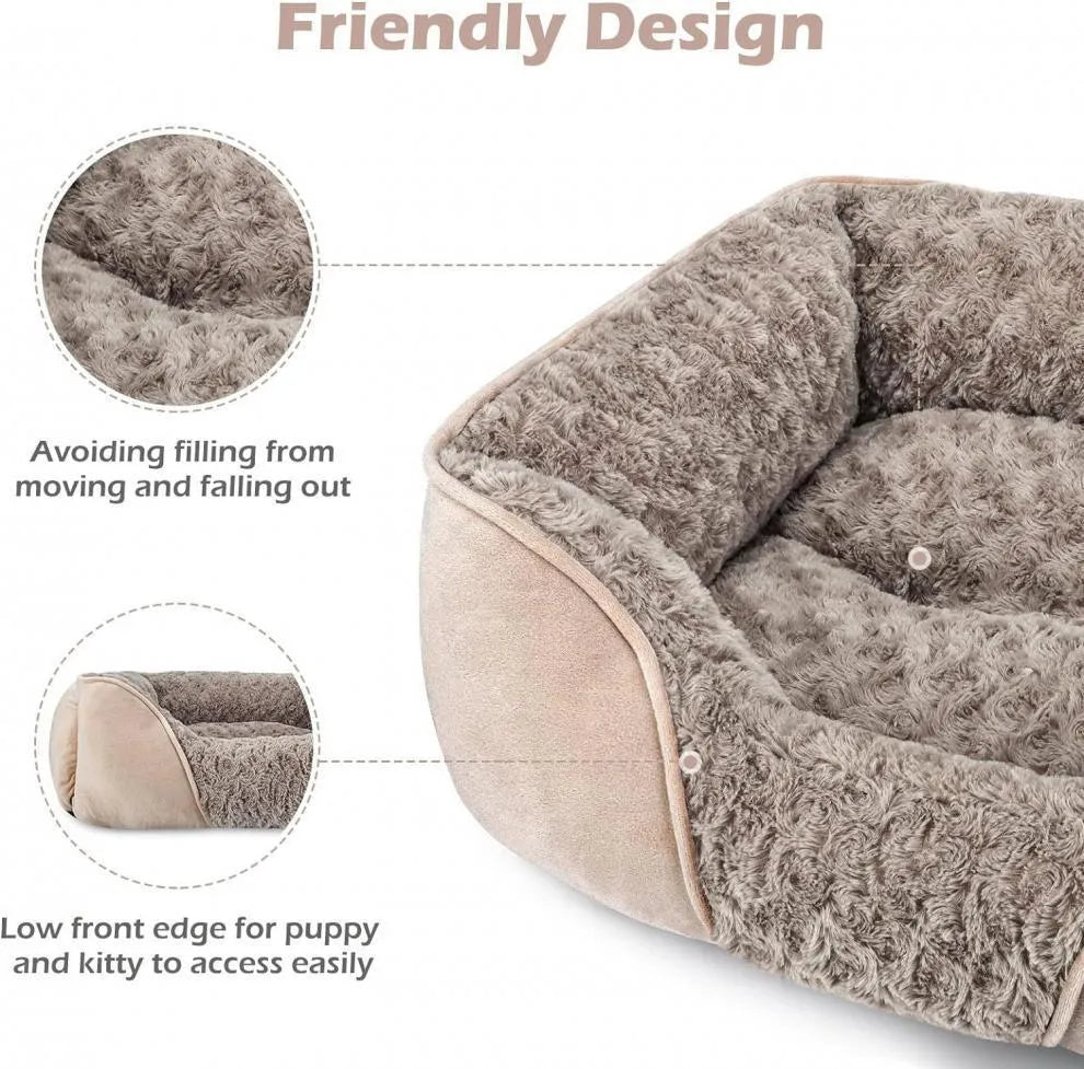 Beige enclosed oval dog kennel bed with artificial fur lining and removable cushion.