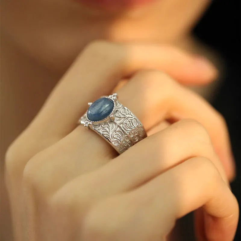 Vintage blue copper wide band ring with heavy industry retro vine pattern adjustable opening