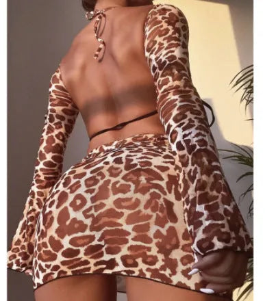 Leopard print split bikini swimsuit for women with bandeau top and skirt