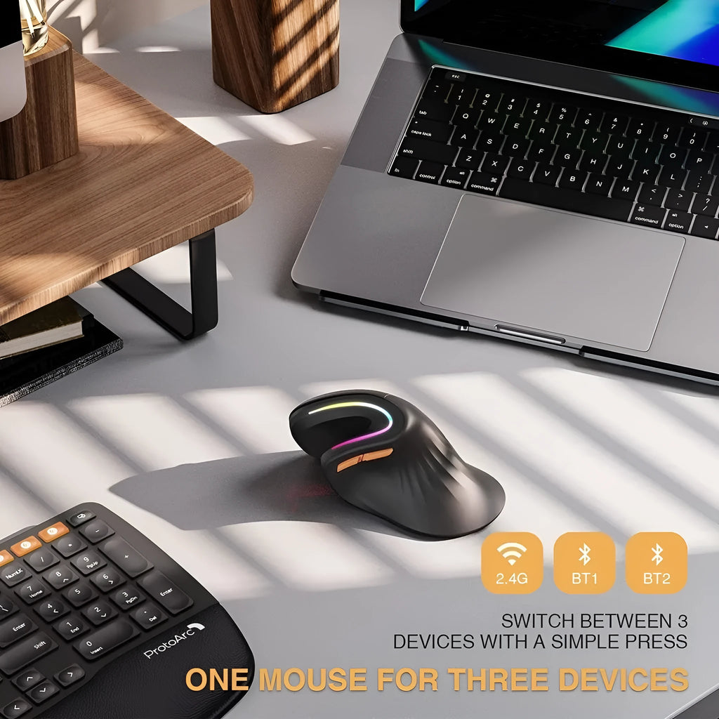 Black vertical Bluetooth wireless mouse with ergonomic design for office use