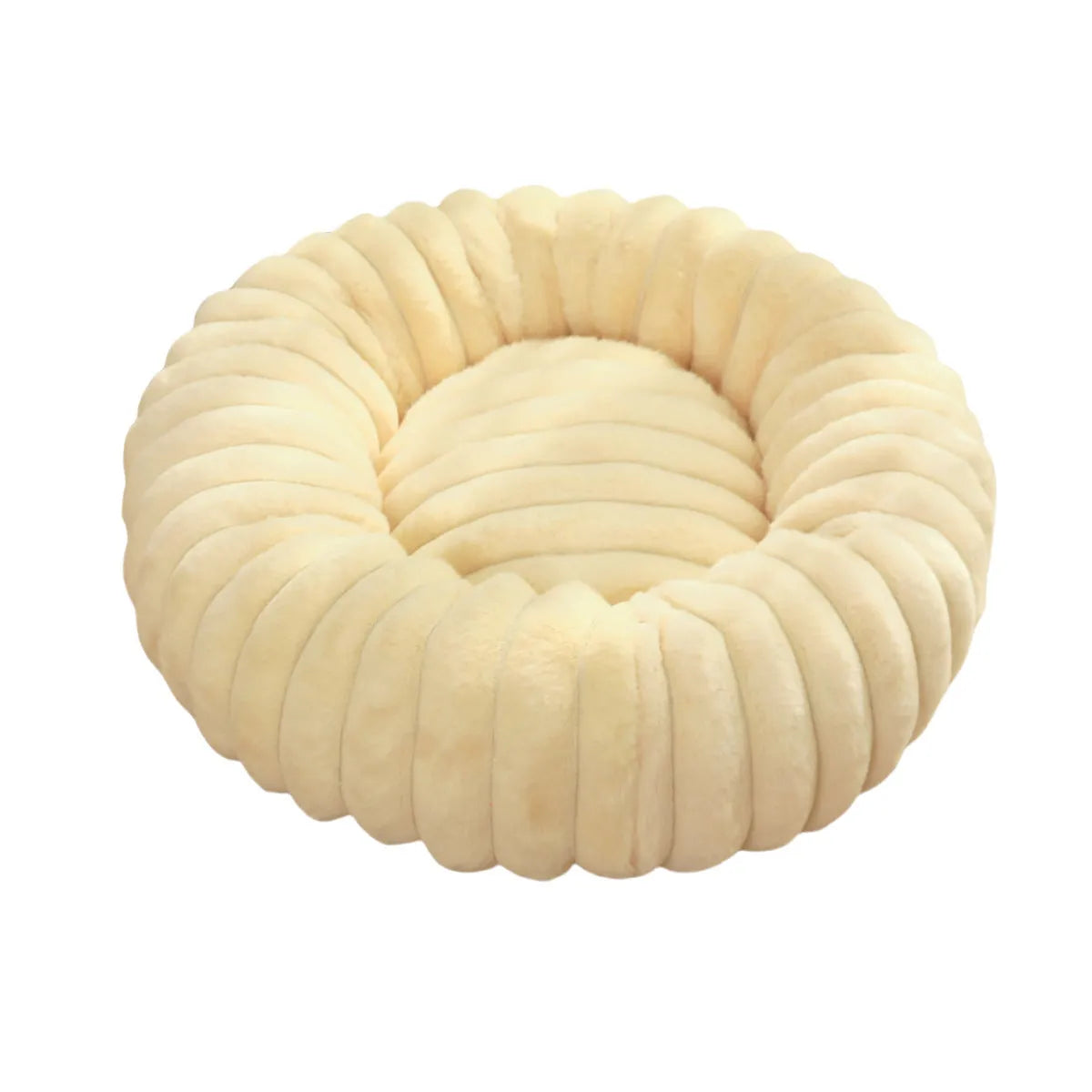 Soft beige rabbit plush round pet bed with high sides forming a nest, shown on a wooden floor.