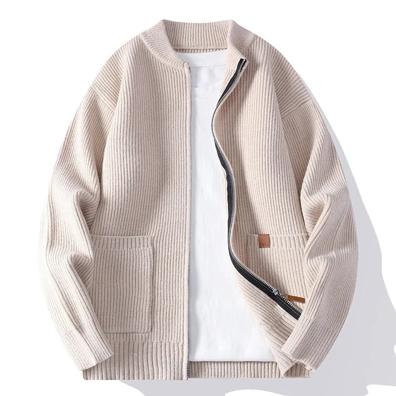 Men's striped sweater cardigan jacket in chemical fibre blend fabric shown in straight cut styling