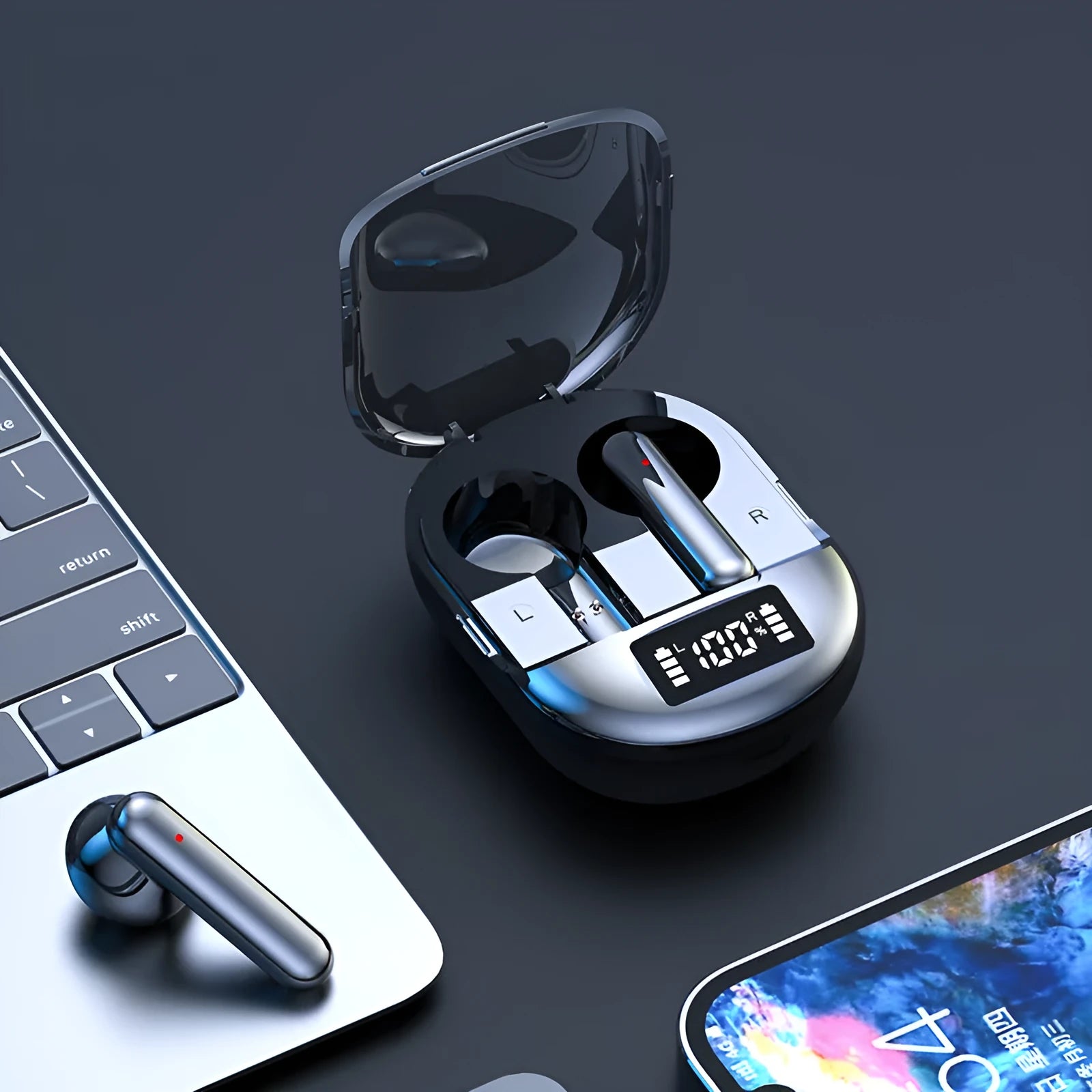 Black or white wireless Bluetooth headset with charging bin, showing digital display screen