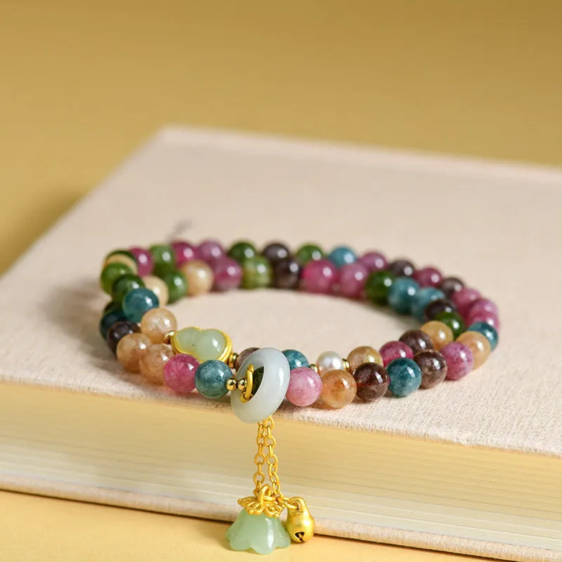 Women's double ring bracelet with geometric 6-6.5mm chalcedony beads in natural crystal tourmaline