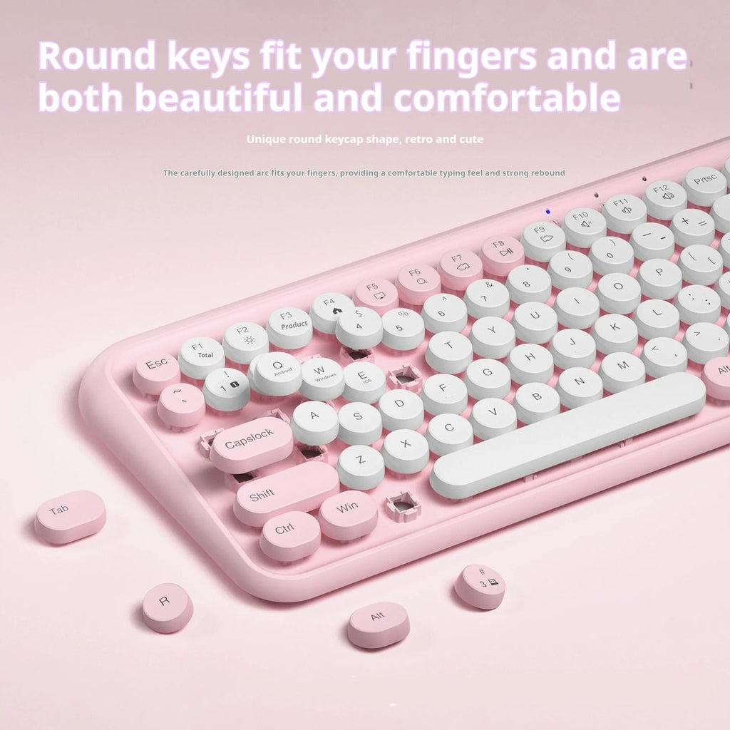 Pink wireless Bluetooth keyboard with 84 keys showing crater architecture button technology