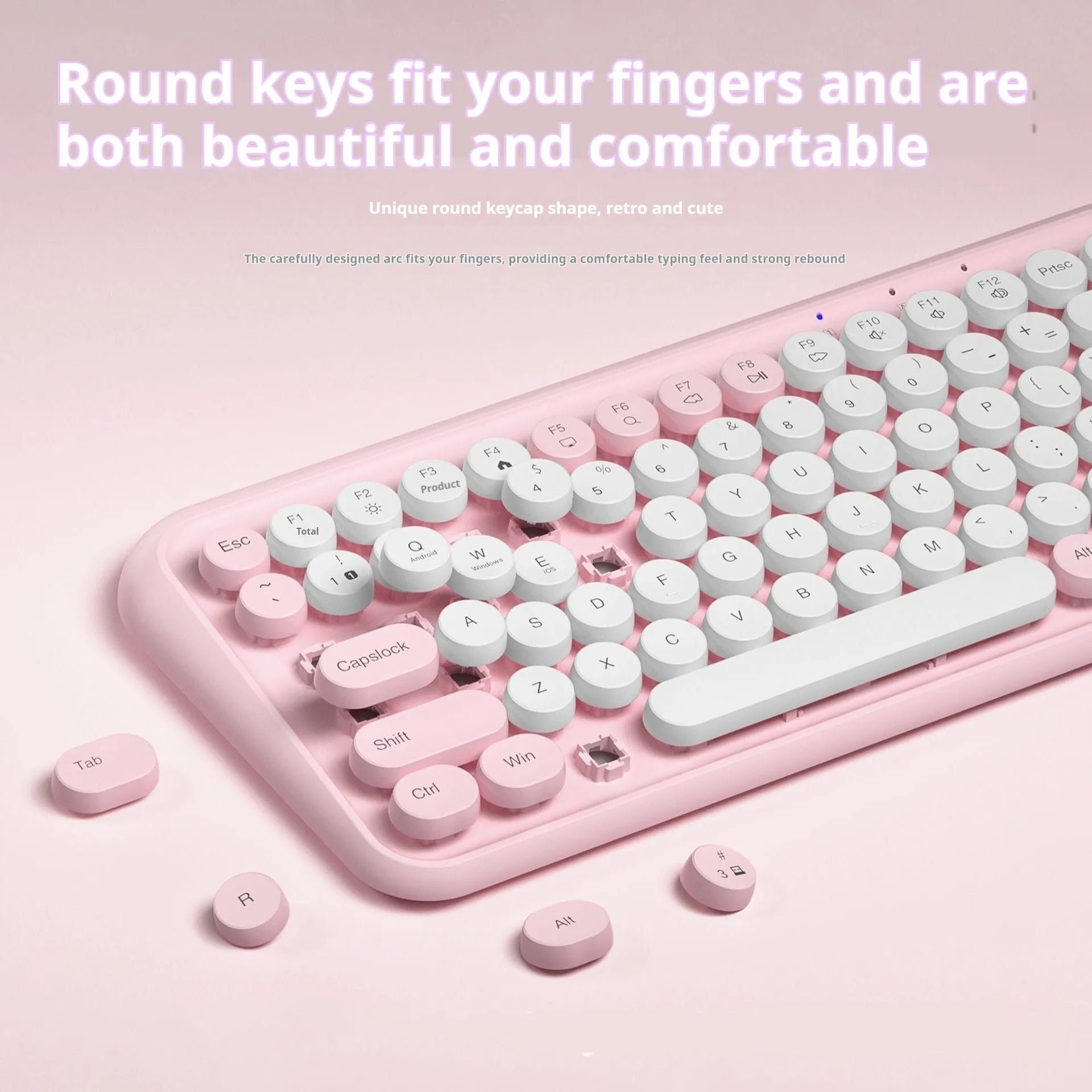 Pink wireless Bluetooth keyboard with 84 keys showing crater architecture button technology