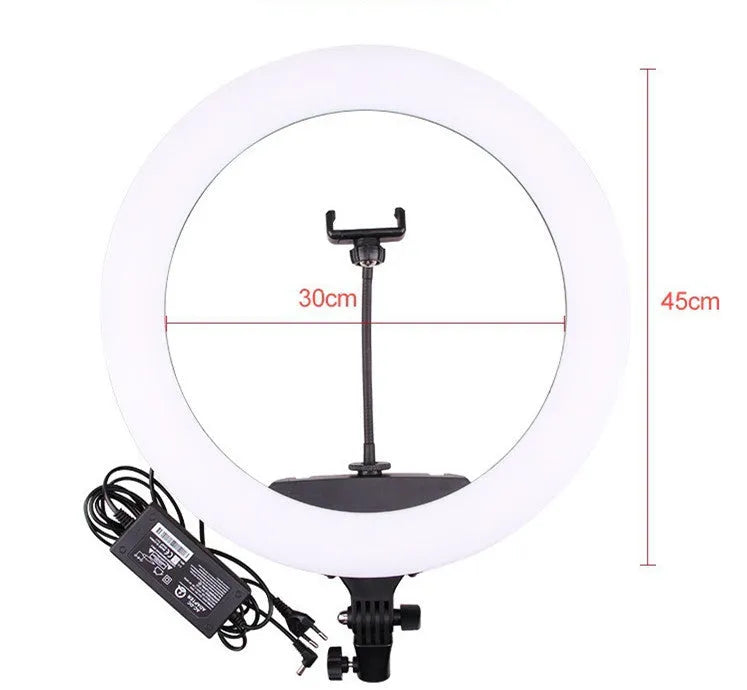 16-inch diameter professional ring light with LED beads on 210cm adjustable stand for multi-camera broadcasting
