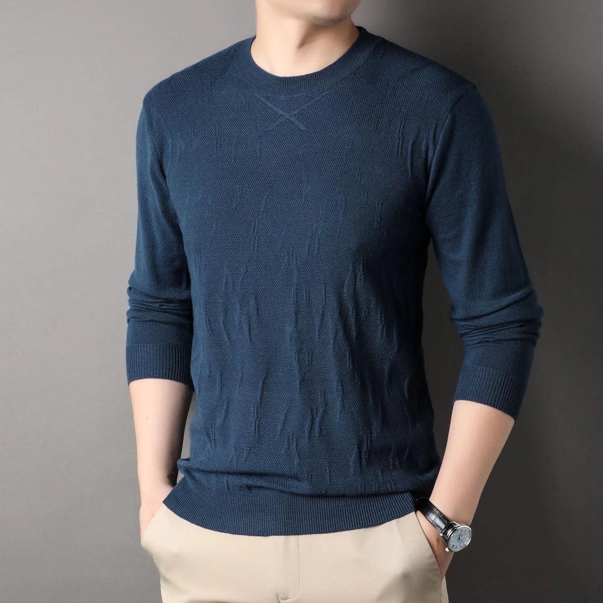 Loose fit mens solid colour polyester fibre long sleeve sweater in black, front view