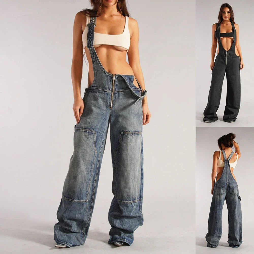 Stylish Y2K-inspired denim suspender jumpsuit with pockets, featuring a relaxed wide-leg silhouette and adjustable straps for a customized fit.