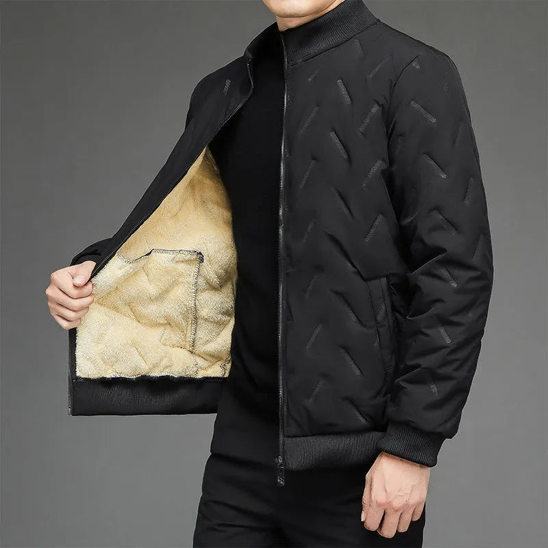 Men's fleece-lined stand collar cotton-padded winter coat in khaki, thickened polyester, 50cm length
