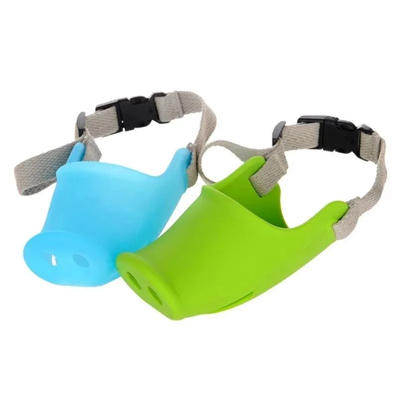 Blue silicone anti-bite mouth cover for dogs showing flexible construction and adjustable sizing