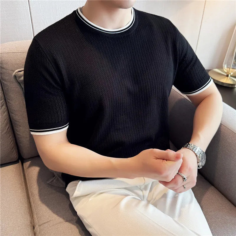Men's round neck contrast colour stretch knitted t-shirt, short sleeve summer top in white, black or brown