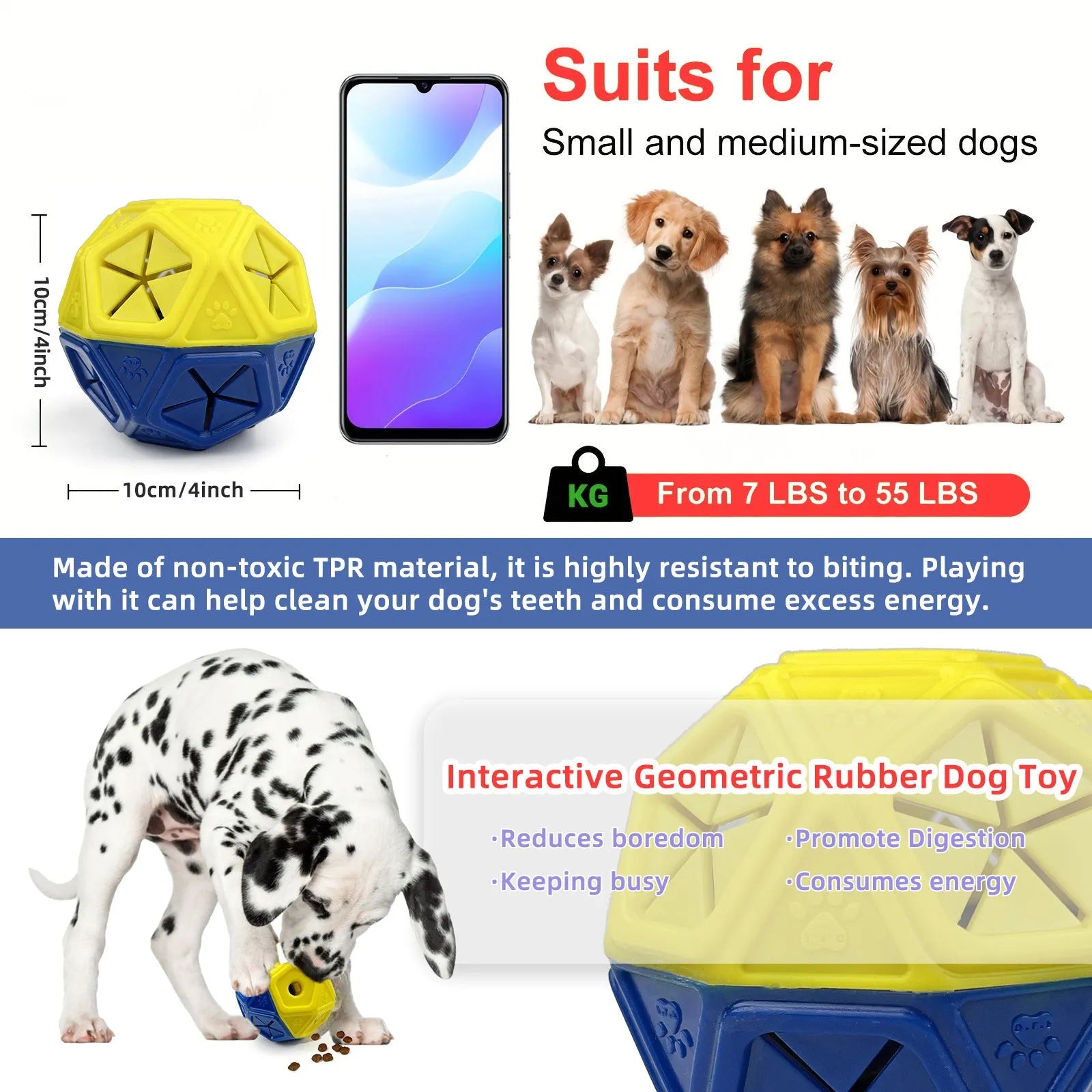 Blue chew-resistant hollow dog puzzle ball with treat openings