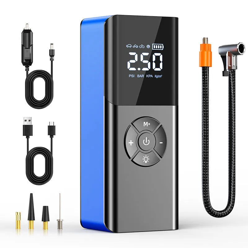 Blue wireless portable car tyre inflator with digital display and warning light