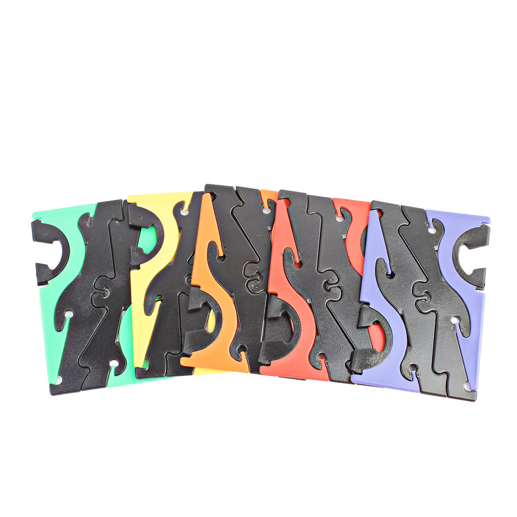 Foldable plastic desktop bracket measuring 8cm x 5cm, available in red, green, yellow, purple and orange