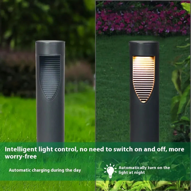 Black geometric solar-powered lawn light for outdoor garden use.