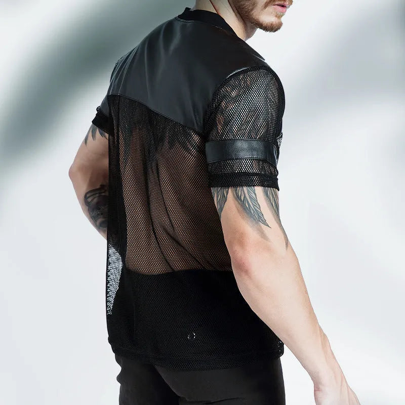 Black men's polyester mesh sports T-shirt with V-neck design and short sleeves