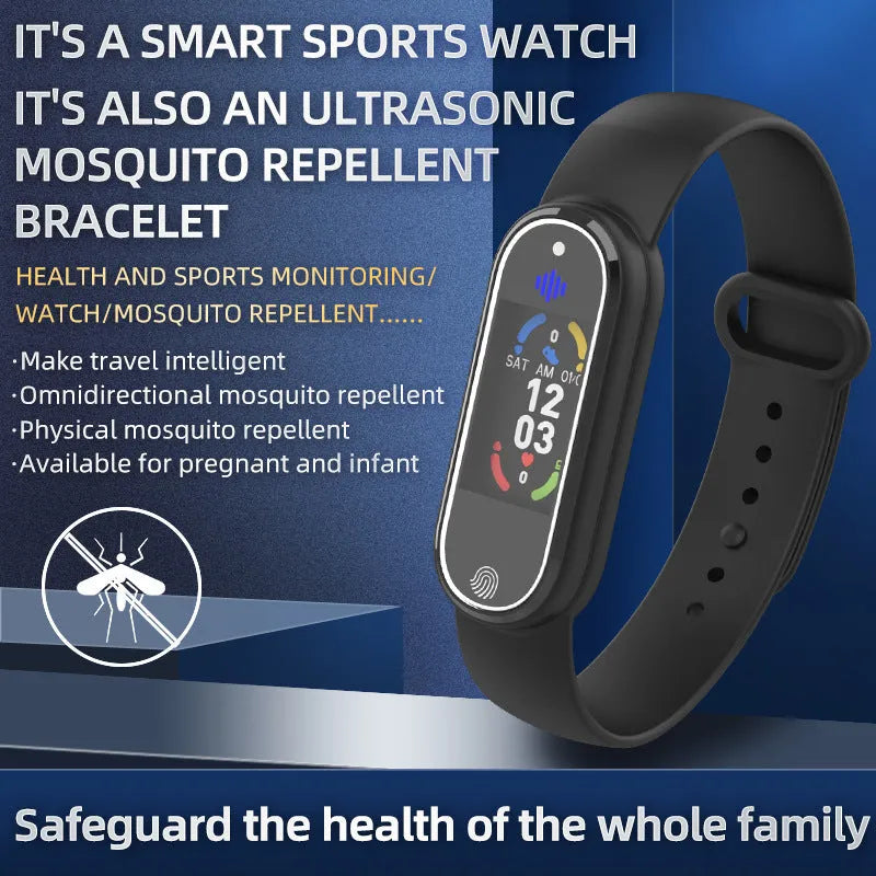 Black and white electronic mosquito repellent bracelet with USB charging port on silicone wristband