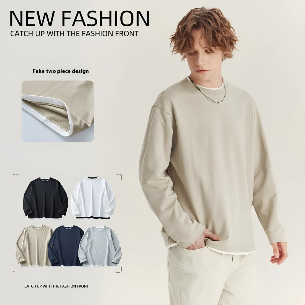 Men's loose fit long-sleeved cotton blend t-shirt in solid colour options