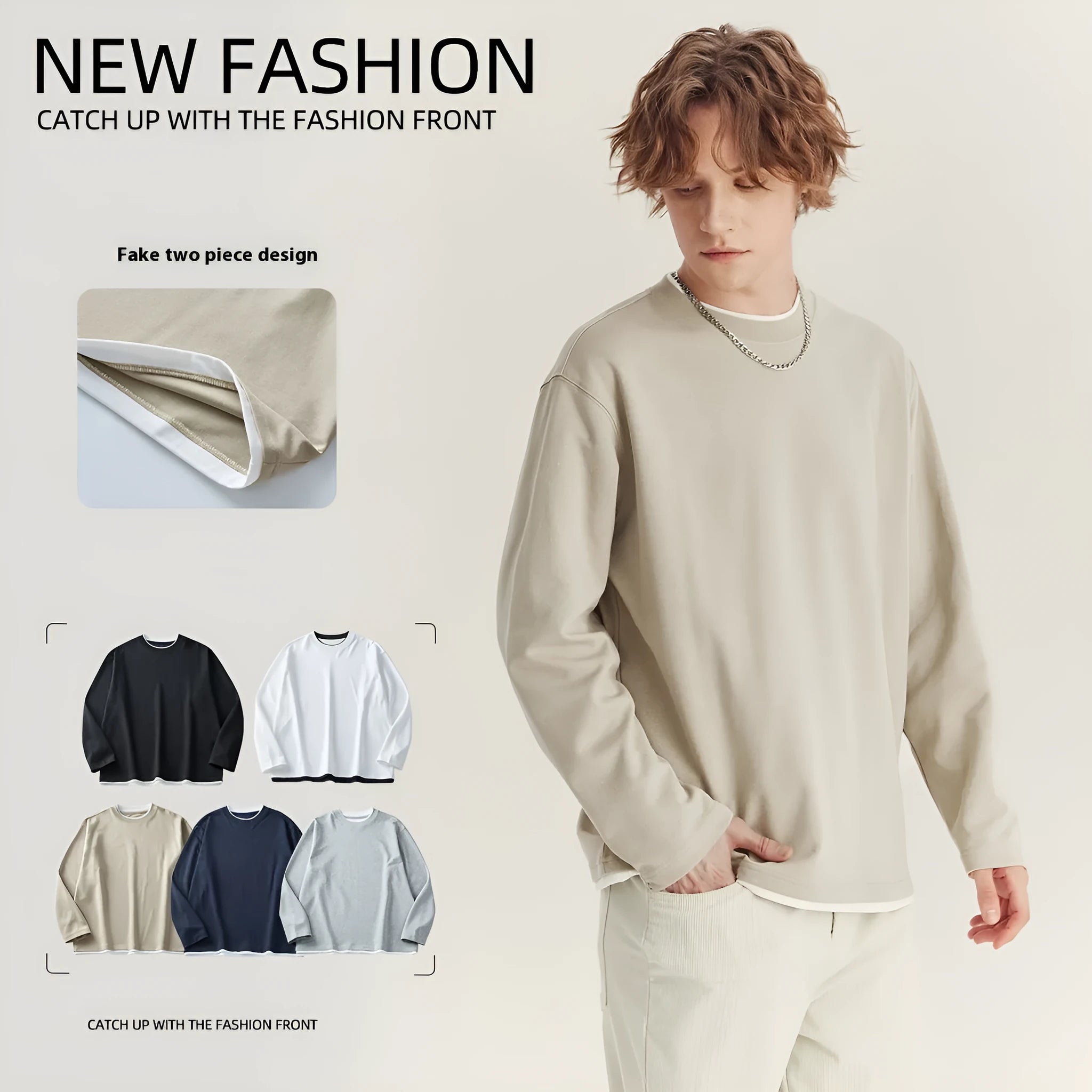 Men's loose fit long-sleeved cotton blend t-shirt in solid colour options