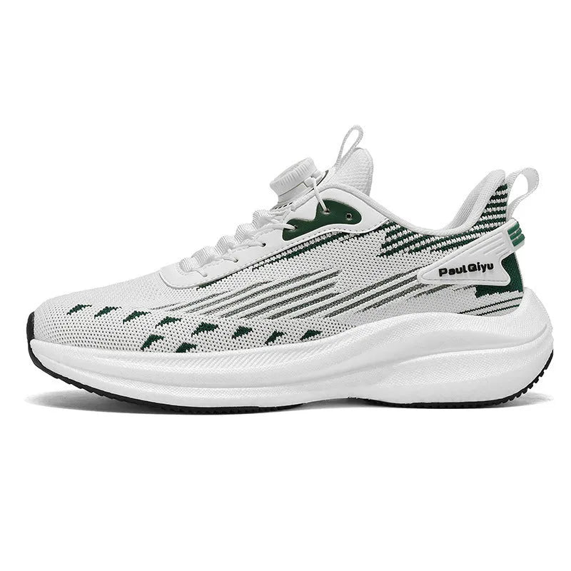 Men's rotating buckle Fly-kit mesh sports running shoes in black, gray, or white and green colour options