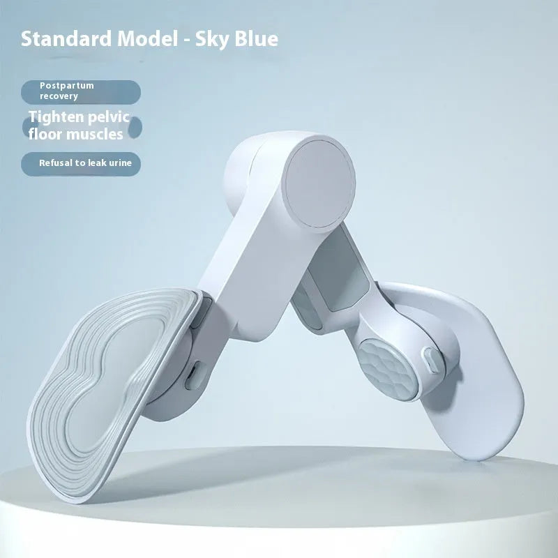 Sky blue pelvic floor muscle trainer with leg clamp design on white background