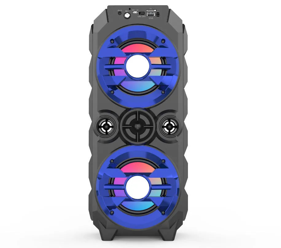 Blue portable Bluetooth speaker with colour LED lights and pull rod handle for carrying