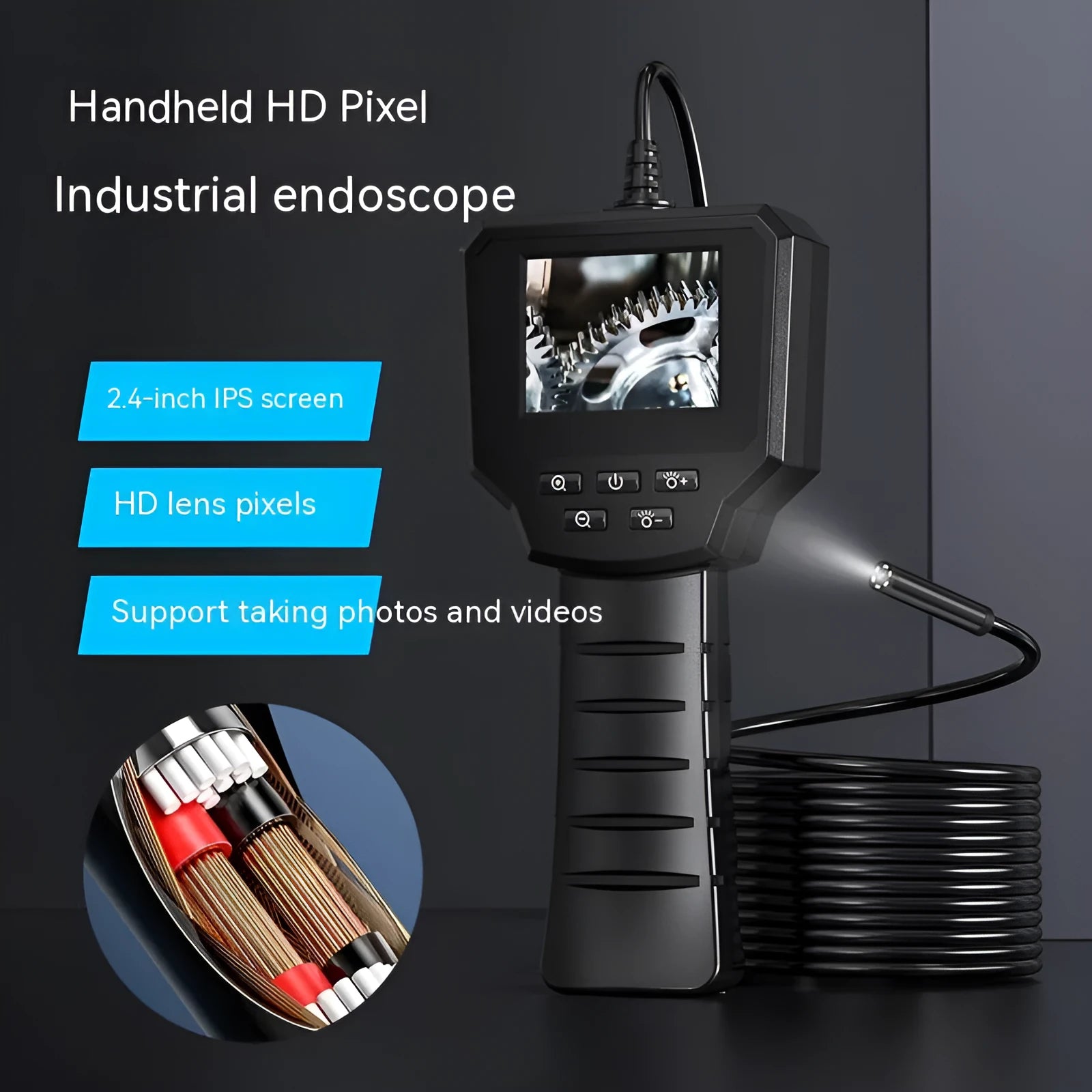Waterproof HD inspection endoscope camera with 8mm diameter probe on a coiled black cable.