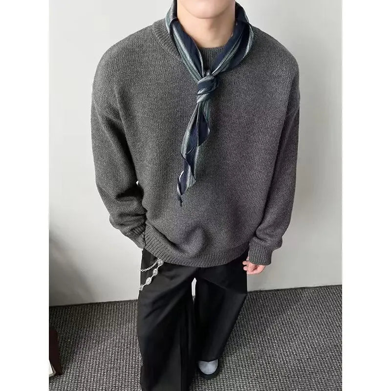 Men's loose fit round neck pullover sweater in cotton blend with long sleeves, available in multiple colours