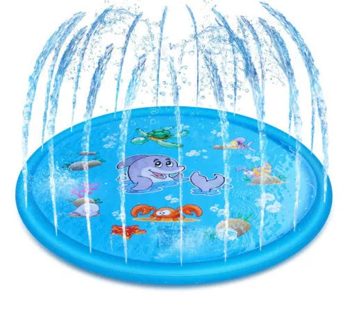 Blue PVC children's water spray play mat with marine animal designs measuring 100cm by 170cm