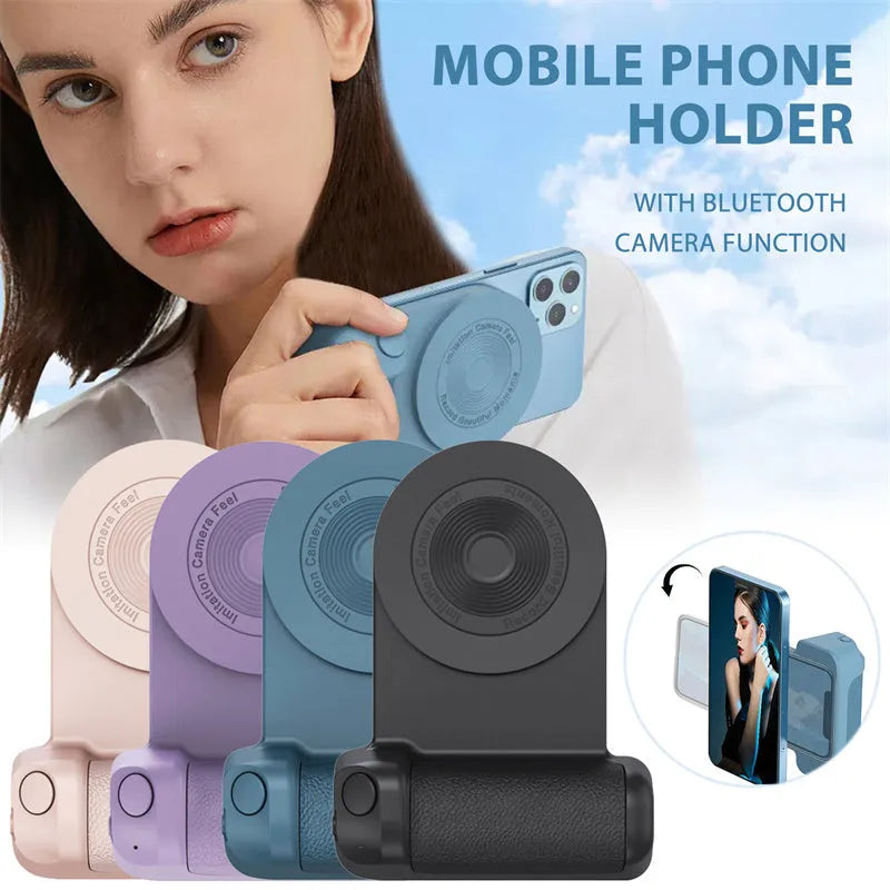 Black magnetic phone camera holder with rotatable grip on wooden table demonstrating phone attachment