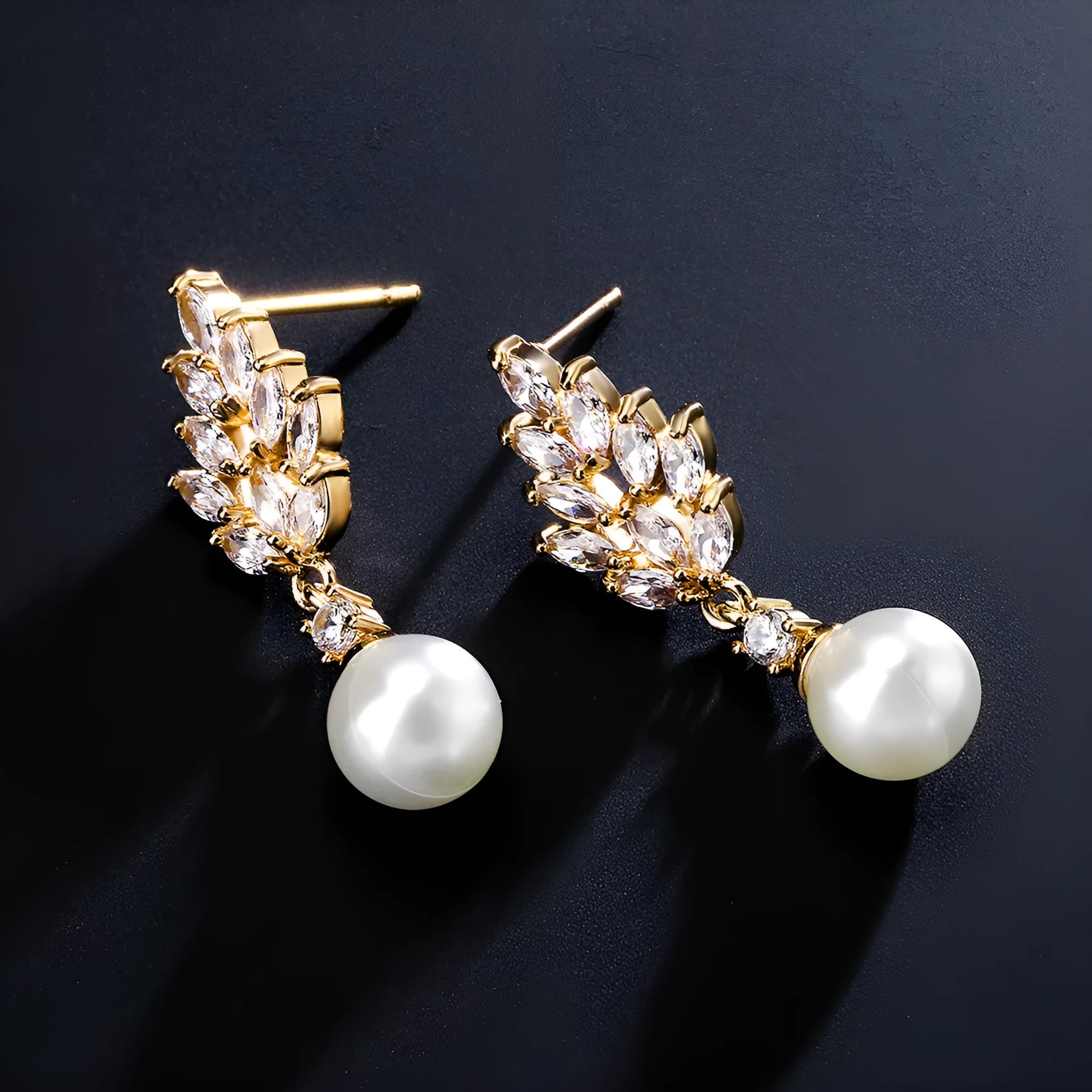 Geometric flower earrings with micro inlaid zircon and pearl details in gold, platinum, or rose gold finishes