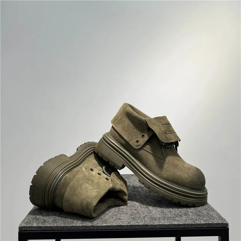 Retro distressed thick-soled suede boots with buckle closure in camel colour.