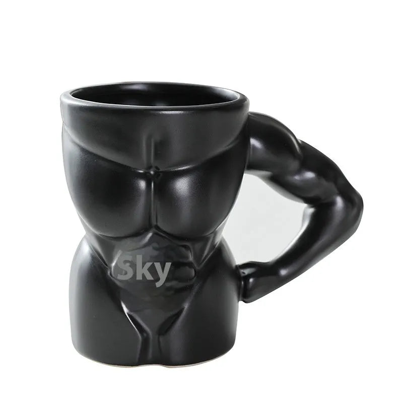 Matte black ceramic mug with muscle design and 300ml capacity